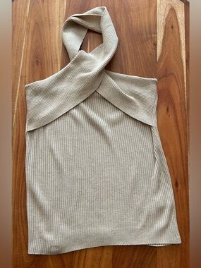 Commense Sleeveless Rib-Knit Halter Sweater Top in Beige, Sz M
